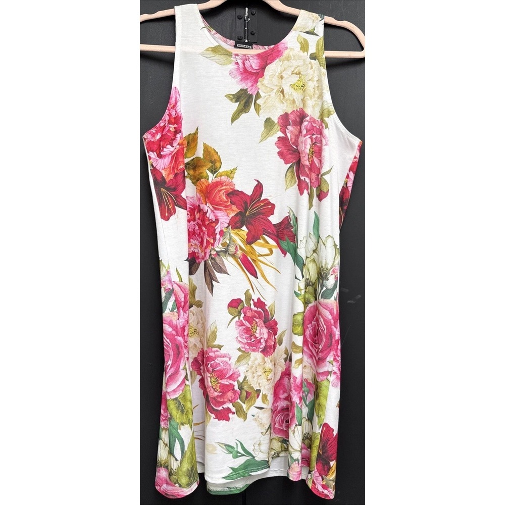 Promesa Floral Swing Dress M White Pink Stretch Mini Shift Made in USA Summer
